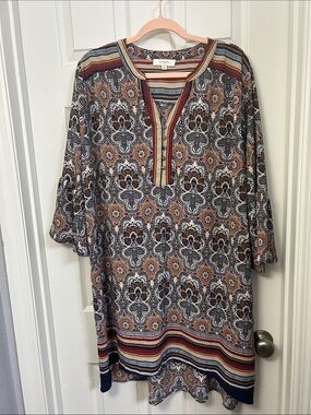 Umgee Striped and Floral Multi-Color Boho High Low Tunic Dress Plus Size 1X